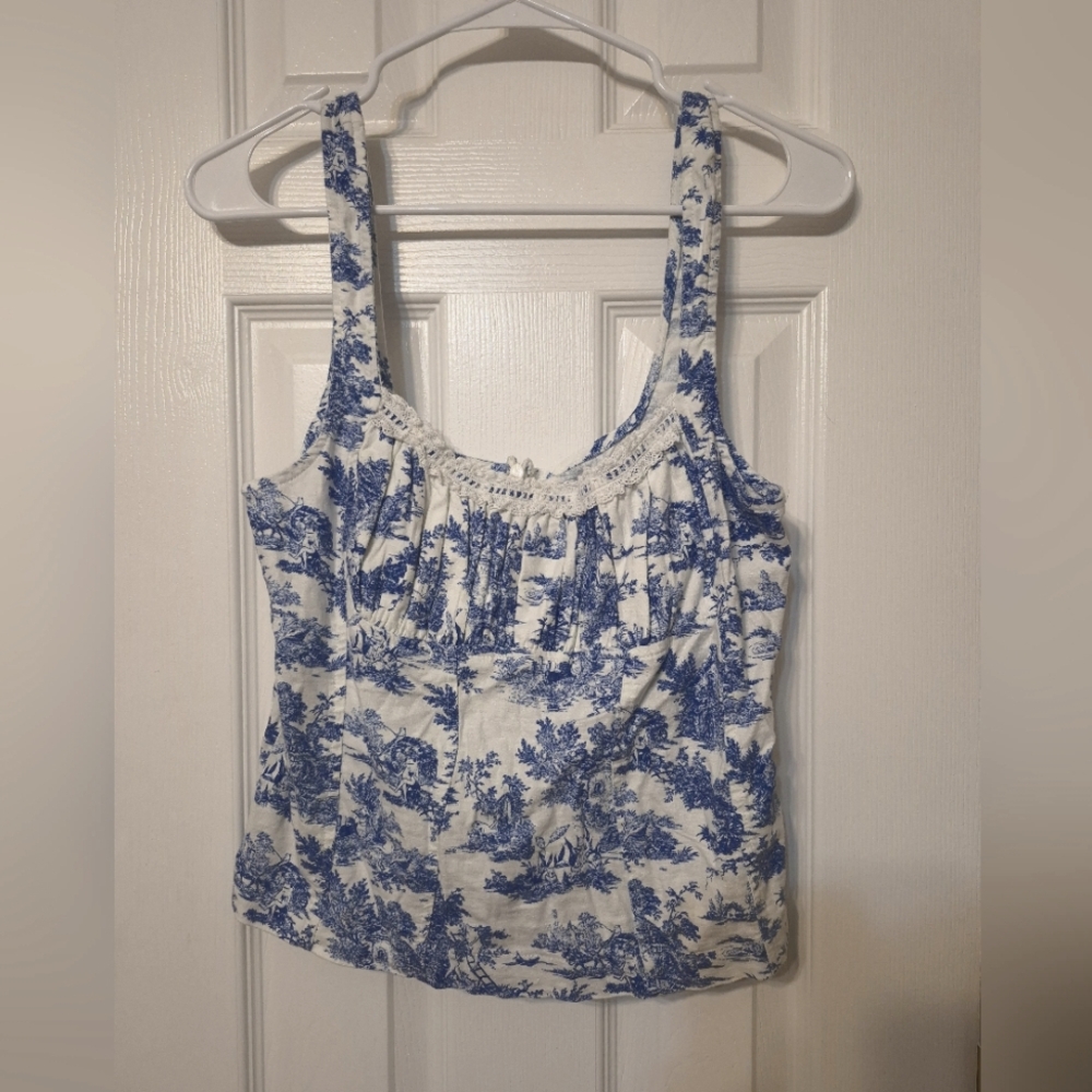 BDG Urban Ourfitters Prairie linen blend tank top BlueBlue and White Women's Top